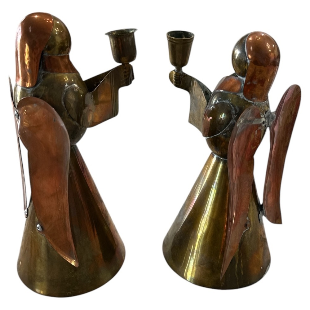9" Pair Vintage Brass & Copper Angel Candleholders MCM Art Deco Christmas - Picture 4 of 11